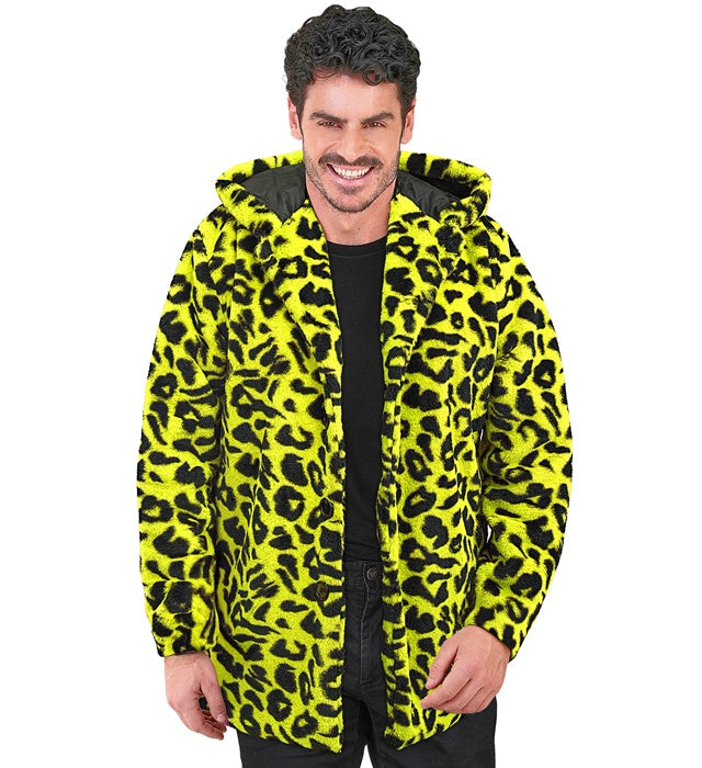 Neon Yellow Animalier Leopard Plush Hooded Coat