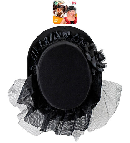 Top Hat With Black Rose & Tulle 12 Cm