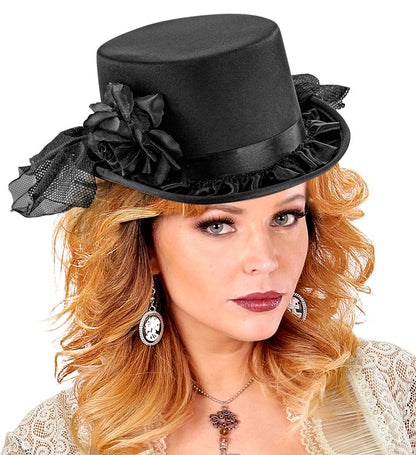 Top Hat With Black Rose & Tulle 12 Cm