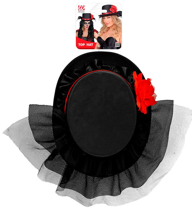 Top Hat With Tulle & Rose  12 Cm