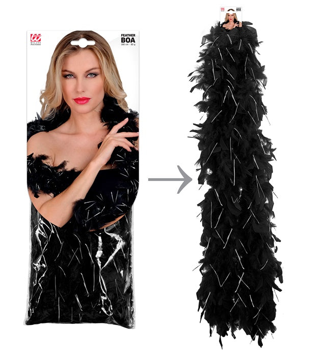 Black Feather Boa With Silver Tinsel - 1,80 M - 80 G