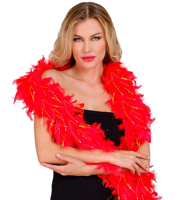 Red Feather Boa With Gold Tinsel - 1,80 M - 80 G