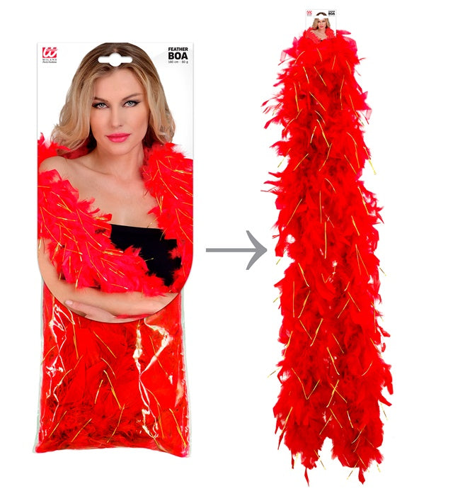 Red Feather Boa With Gold Tinsel - 1,80 M - 80 G