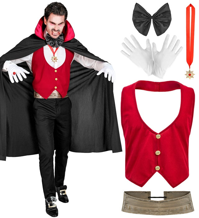 Vampire  Vest, Cummerbund, Bow Tie, Necklace With Medallion, Gloves, Cape 