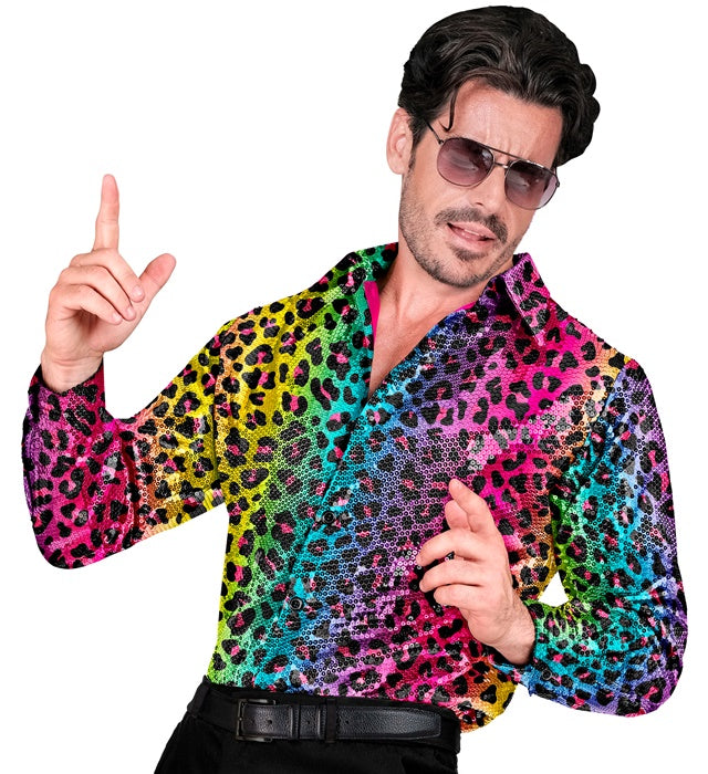 Party Fashion Shirt  Rainbow Animalier Leopard Sequin Shirt 