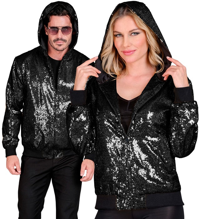 Party Fashion Hooded Bomber  Black Sequin Hooded Bomber 