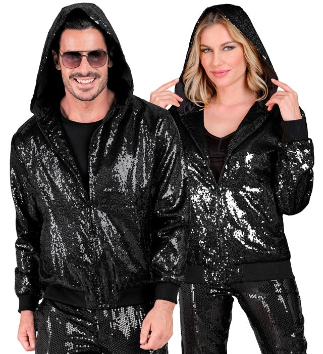 Party Fashion Hooded Bomber  Black Sequin Hooded Bomber 