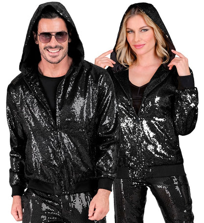 Party Fashion Hooded Bomber  Black Sequin Hooded Bomber 