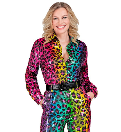 Party Fashion Shirt  Rainbow Animalier Leopard Sequin Shirt 