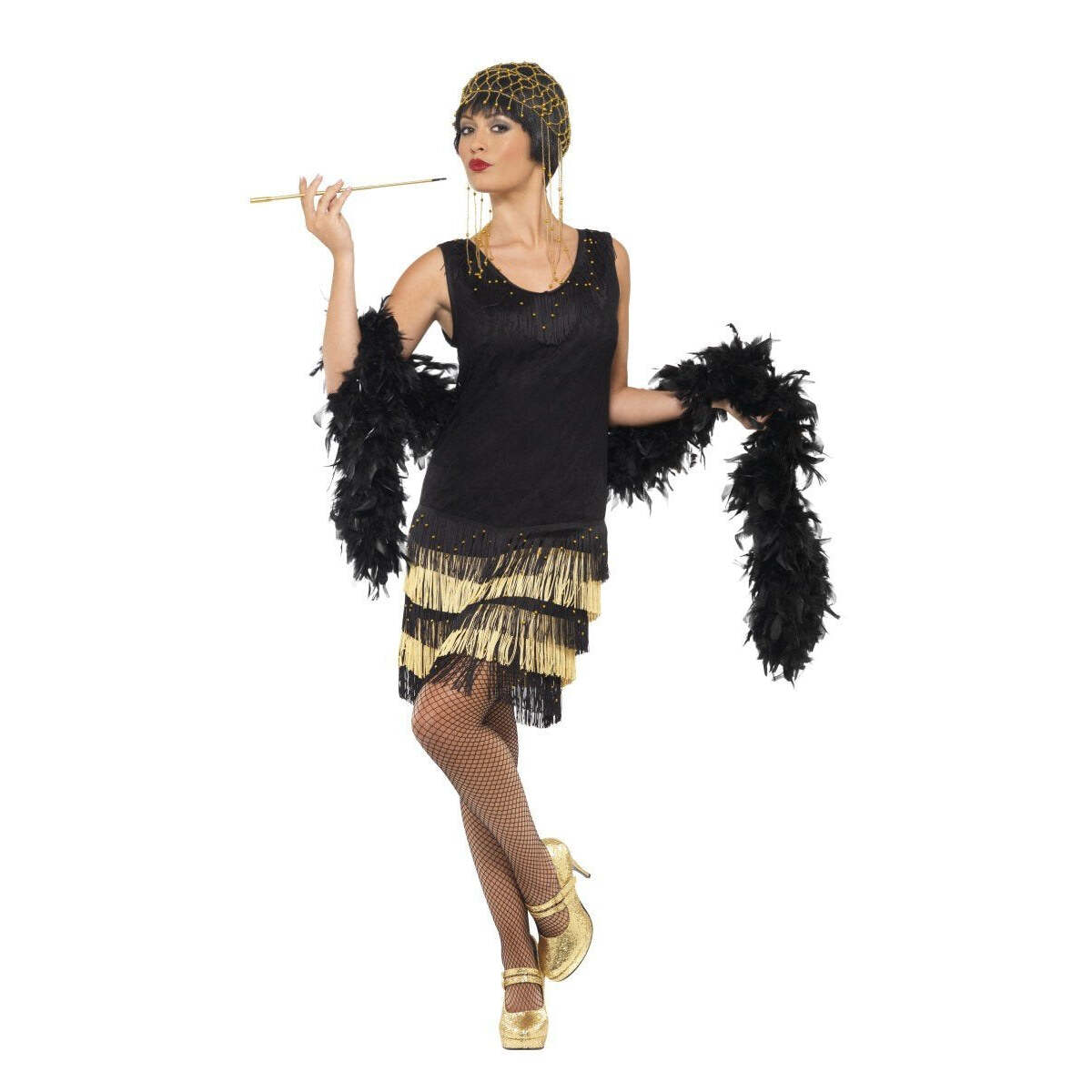 20s Fringed Flapper Costume Black Beaded Lace Front Dress 1