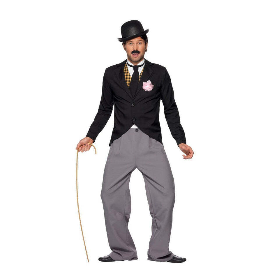 1920s Star Costume Charlie Chaplin Black Grey Trousers Jacket Mock Waistcoat Tie 1