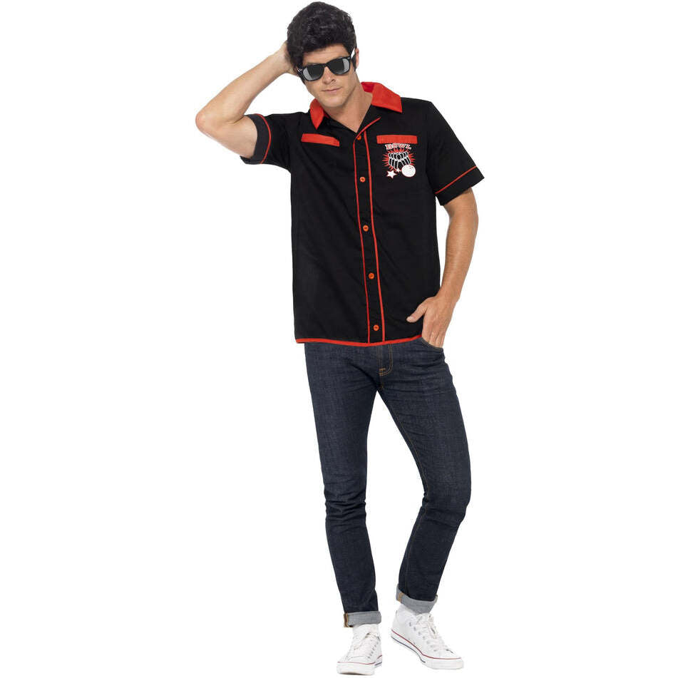 50s Bowling Shirt Black with Strike It Lucky Motifs Adult Costume Accessory 1