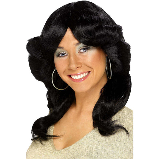 70s Flick Wig Black Long Wavy and Layered Adult Costume Hair 1