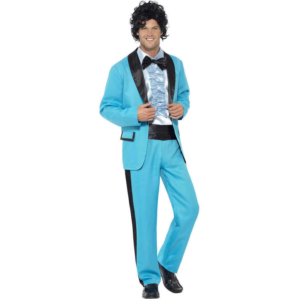 80s Prom King Tuxedo Costume Adult Blue Suit Jacket Mock Shirt and Trousers 1