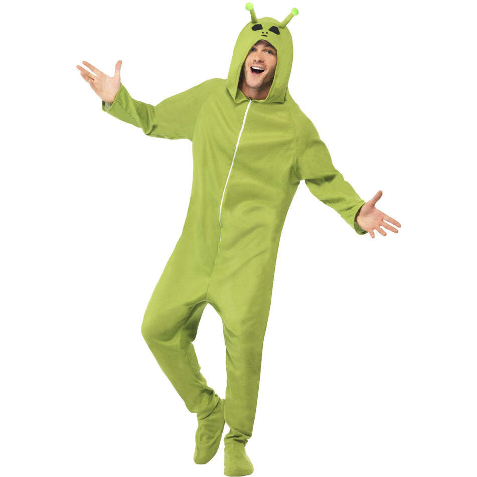 Adult Alien Costume Green All In One with Antennae Topped Hood 1