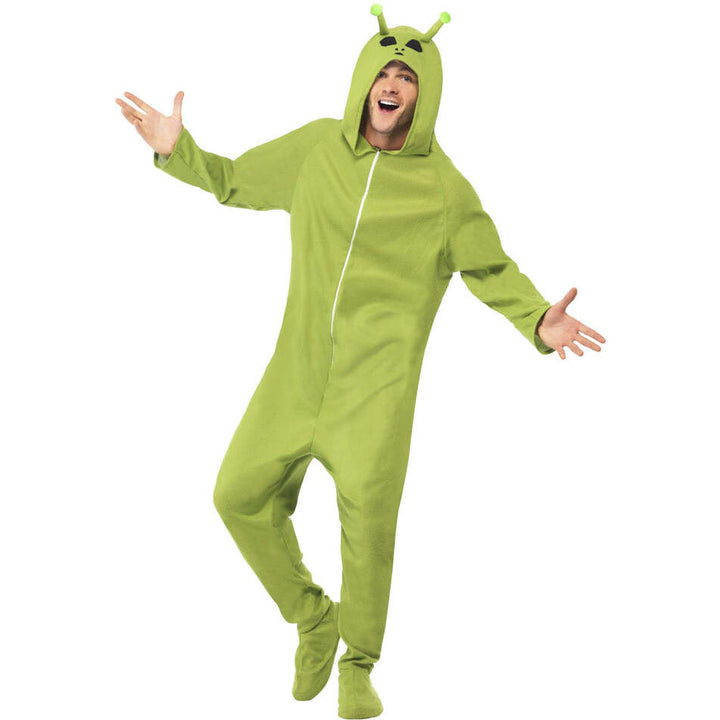 Adult Alien Costume Green All In One with Antennae Topped Hood 1