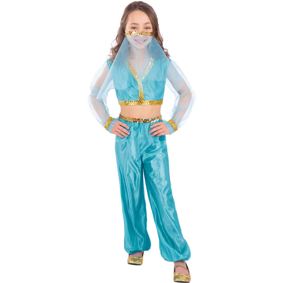 Arabian Princess Costume Kids Blue Trousers Short Belly Top Headpiece with Veil 1