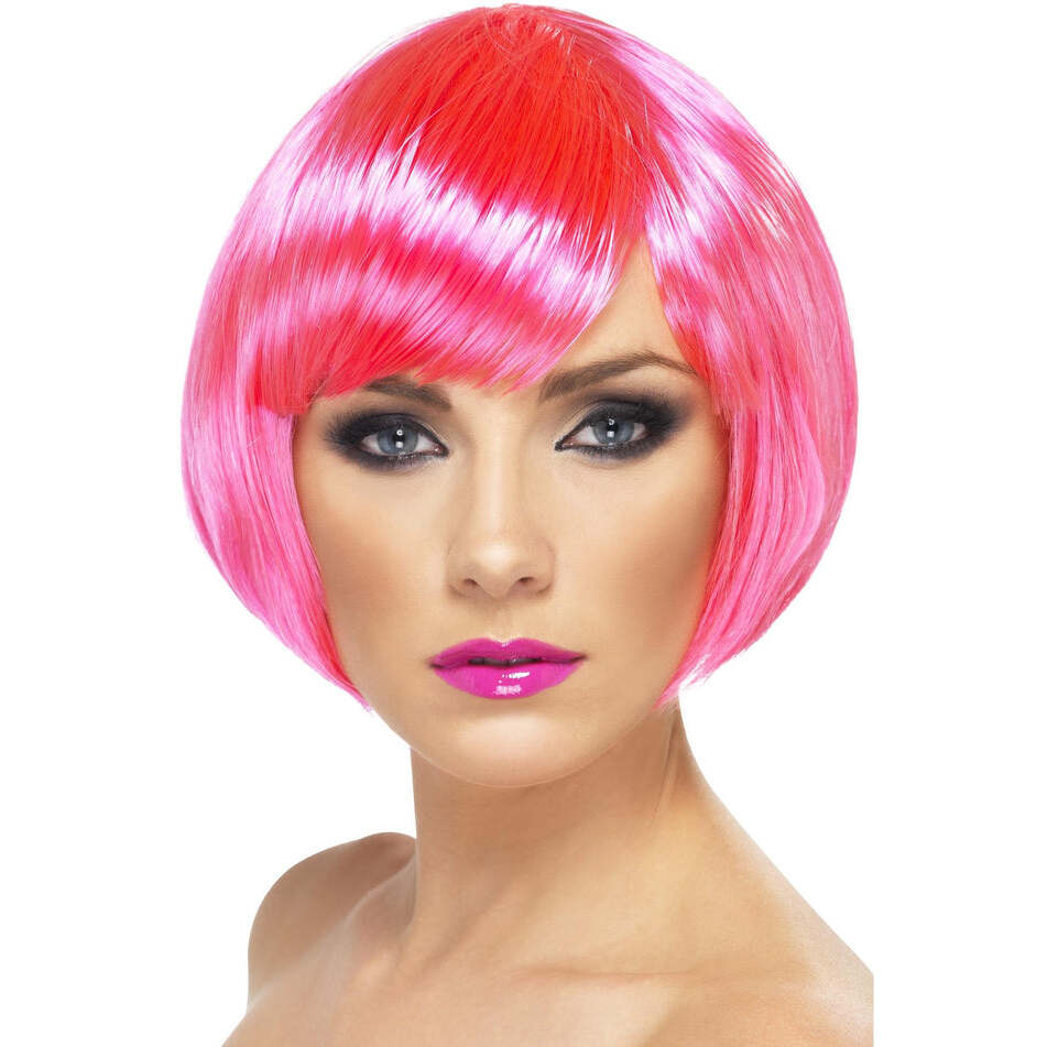 Neon Pink Babe Wig Adult Short Bob with Fringe Sci Fi Costume Hair 1