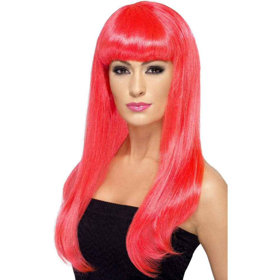 Babelicious Wig Adult Neon Pink Long Straight with Fringe Costume Hair 1