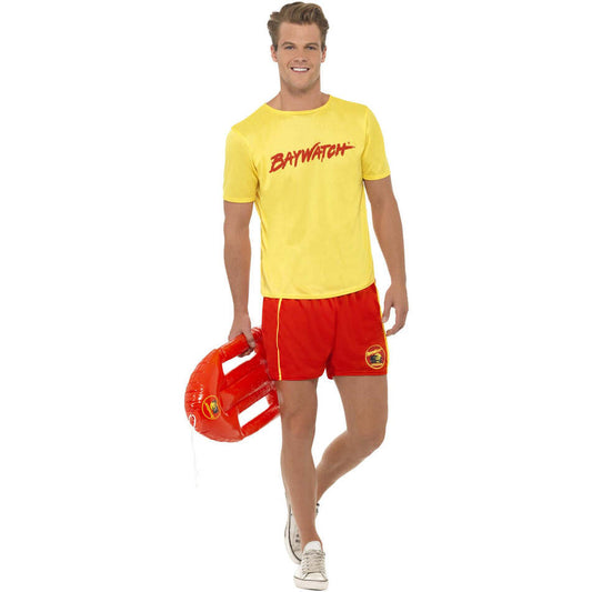 Baywatch Mens Beach Costume Adult Yellow Top and Red Shorts 1