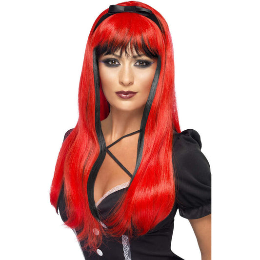 Bewitching Wig Adult Red Black Long with Fringe and Bow 1