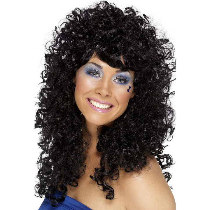 Boogie Babe Wig Adult Black Long Curly 80s Disco Costume Hair 1