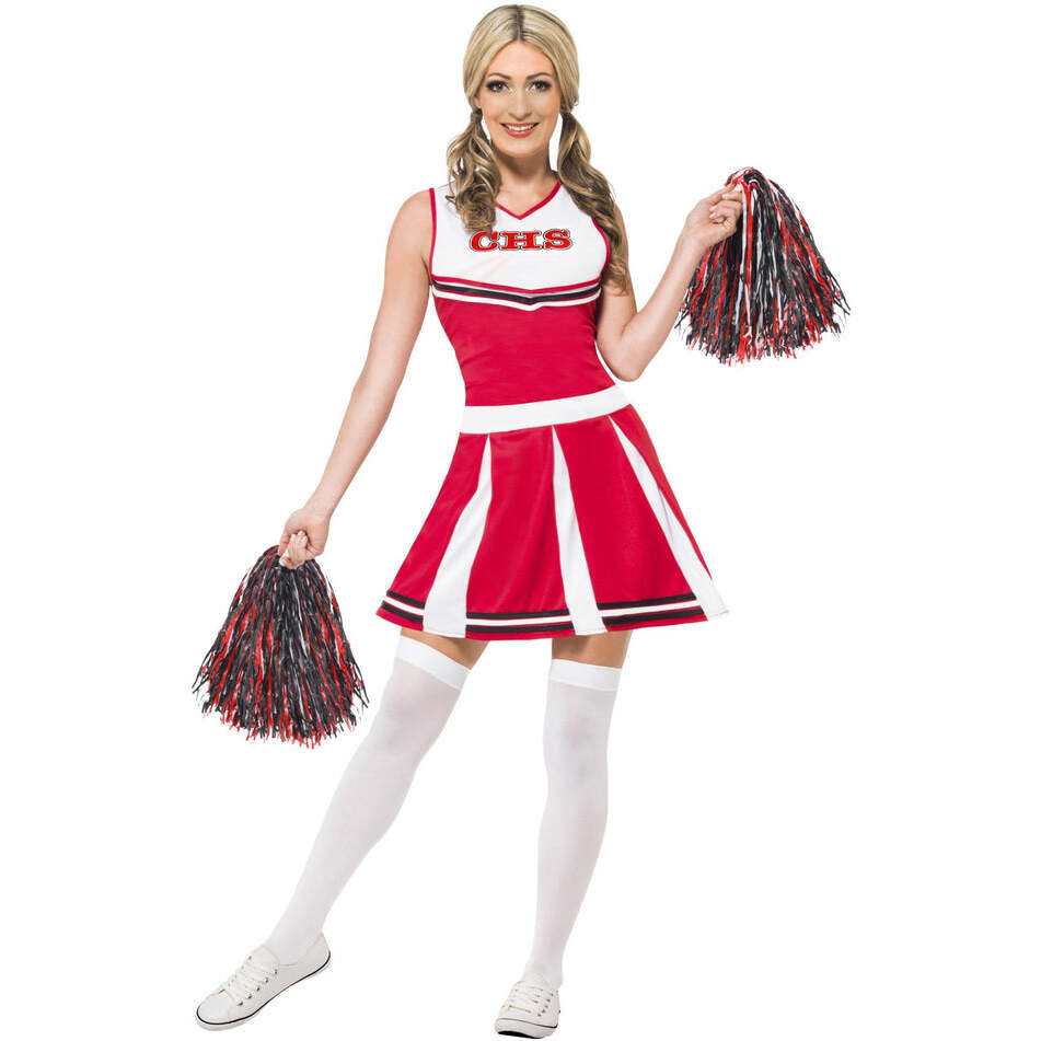 Cheerleader Costume Adult Red White Dress Black Red Pom Poms 1