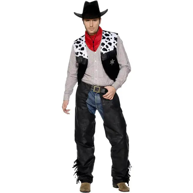 Cowboy Costume Black Chaps Waistcoat Belt Red Neckerchief Adult 1