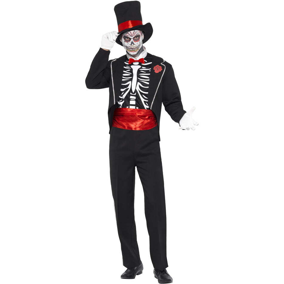 Mens Day Of The Dead Costume Black Jacket Mock Shirt Front Hat Gloves 1