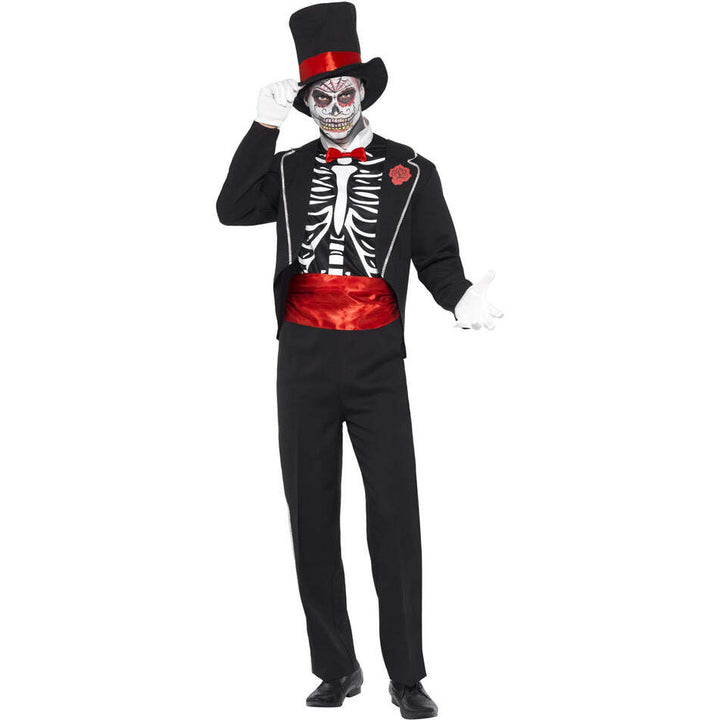 Mens Day Of The Dead Costume Black Jacket Mock Shirt Front Hat Gloves 1