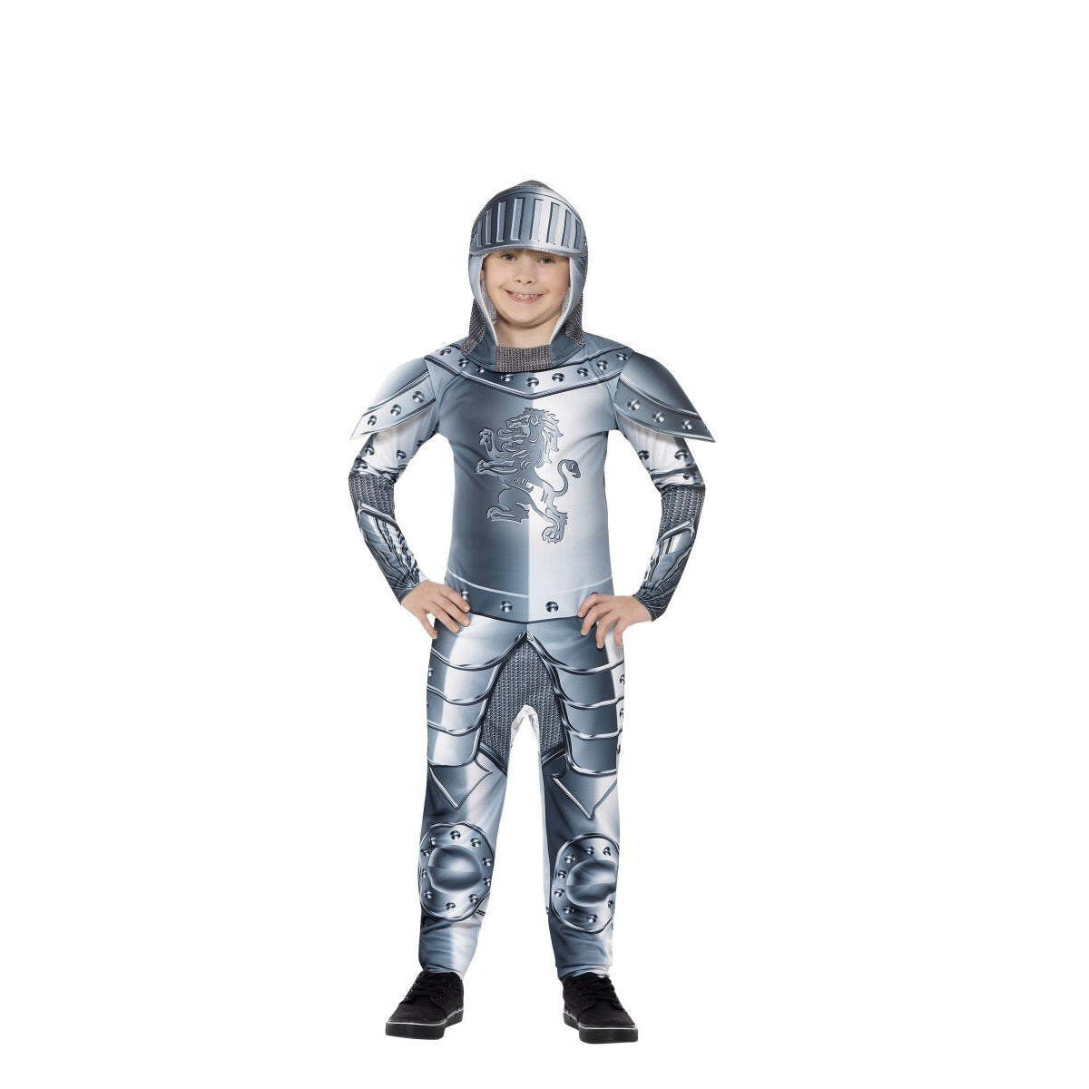 Armoured Knight Deluxe Costume Kids Jumpsuit Grey Headpiece 1
