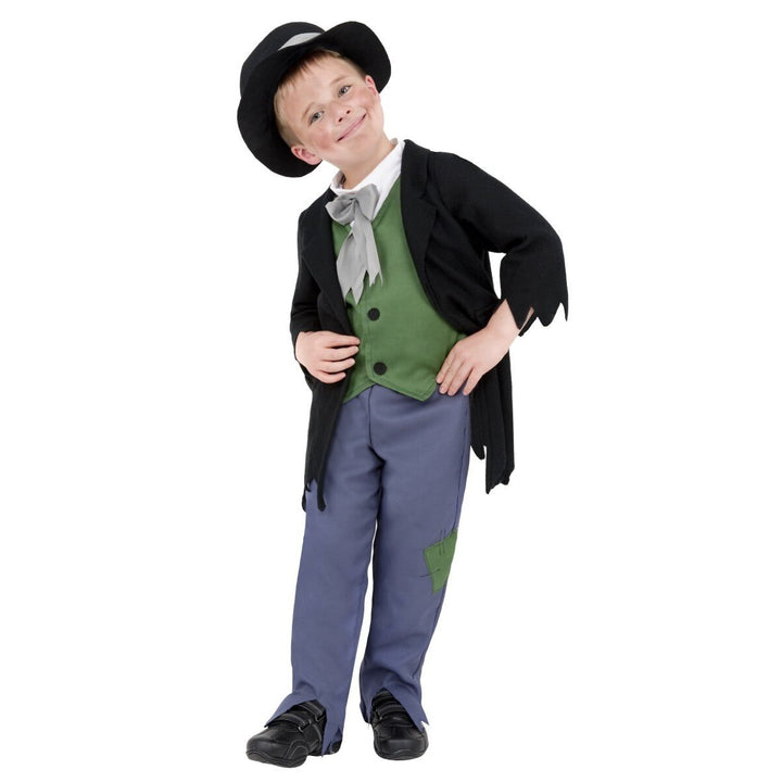 Artful Dodger Victorian Boy Costume Black Green Top Blue Trousers Black Hat 1