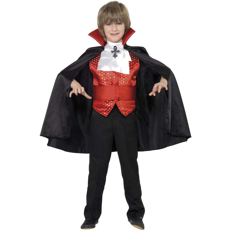Dracula Boy Costume Kids Black Cape Red Cummerbund Waistcoat and White Cravat 1