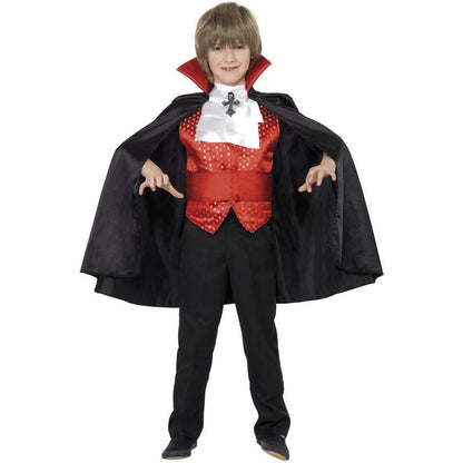 Dracula Boy Costume Kids Black Cape Red Cummerbund Waistcoat and White Cravat 1