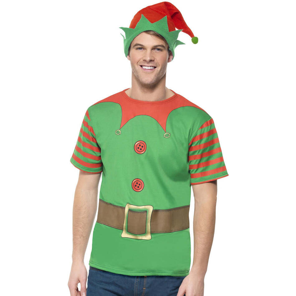 Elf Instant Kit Green Red T Shirt and Hat Adult Costume Accessory 1