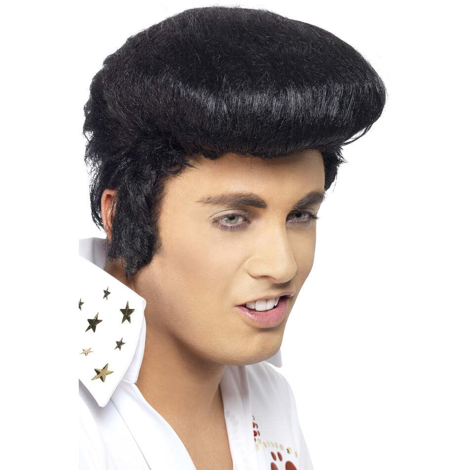 Elvis Deluxe Adult Black Wig with High Quiff and Sideburns 1