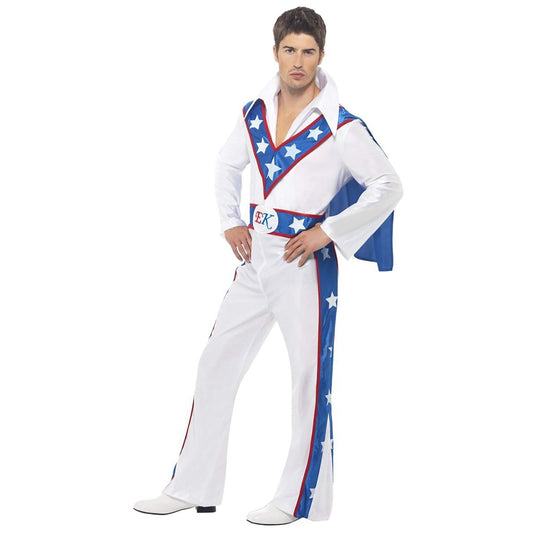 1970s Evel Knievel Daredevil Costume Adult White Blue Jumpsuit 1