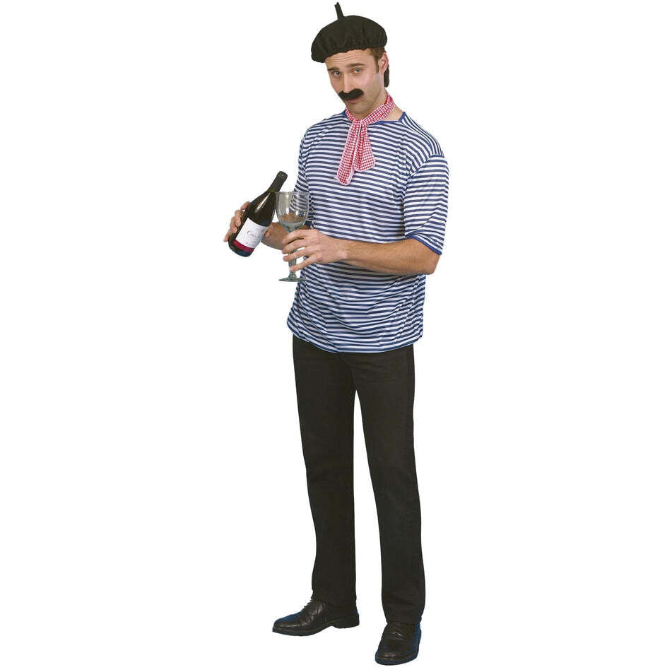 French Man Set Blue White T Shirt Black Beret Scarf and Mustache 1