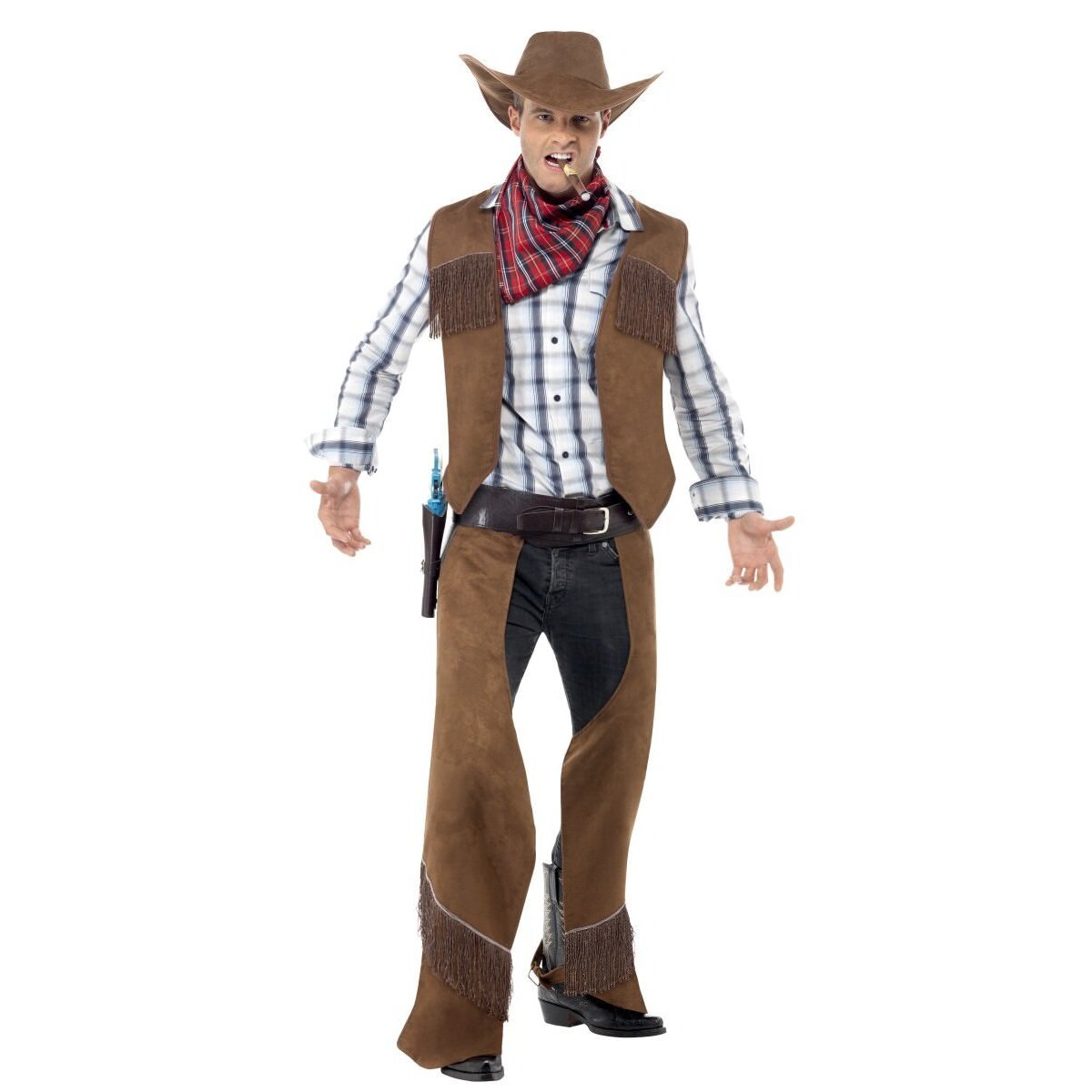 Fringe Cowboy Costume Adult Brown Waistcoat Chaps Hat and Red Neckerchief 1