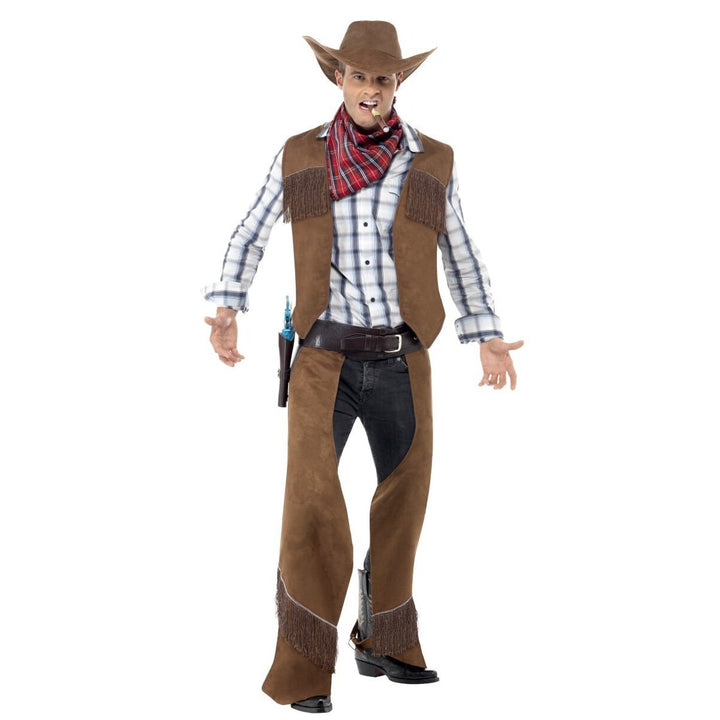Fringe Cowboy Costume Adult Brown Waistcoat Chaps Hat and Red Neckerchief 1