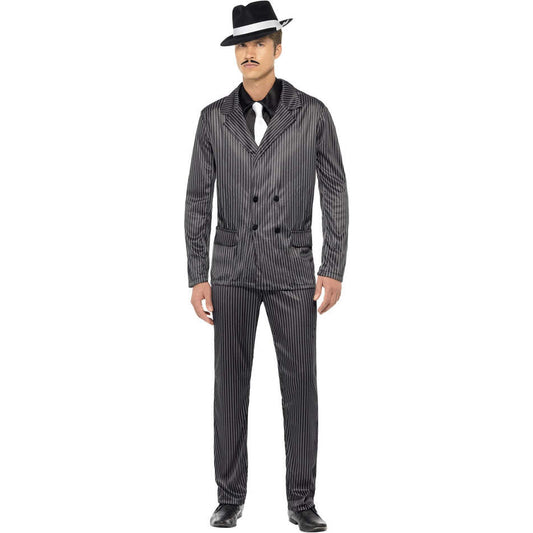Gangster Costume Adult Black White Pinstripe Jacket and Trousers Shirt Front and Tie 1