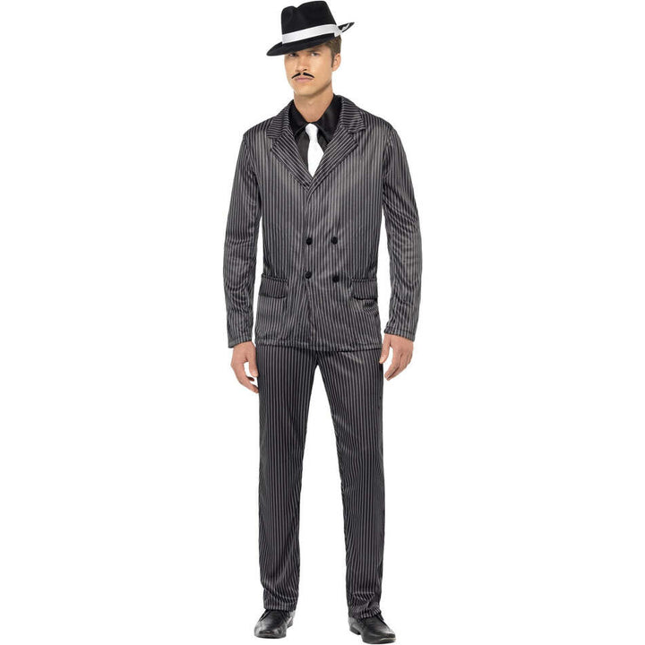 Gangster Costume Adult Black White Pinstripe Jacket and Trousers Shirt Front and Tie 1