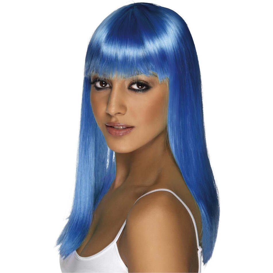 Glamourama Wig Neon Blue Long Straight with Fringe Costume Hair 1