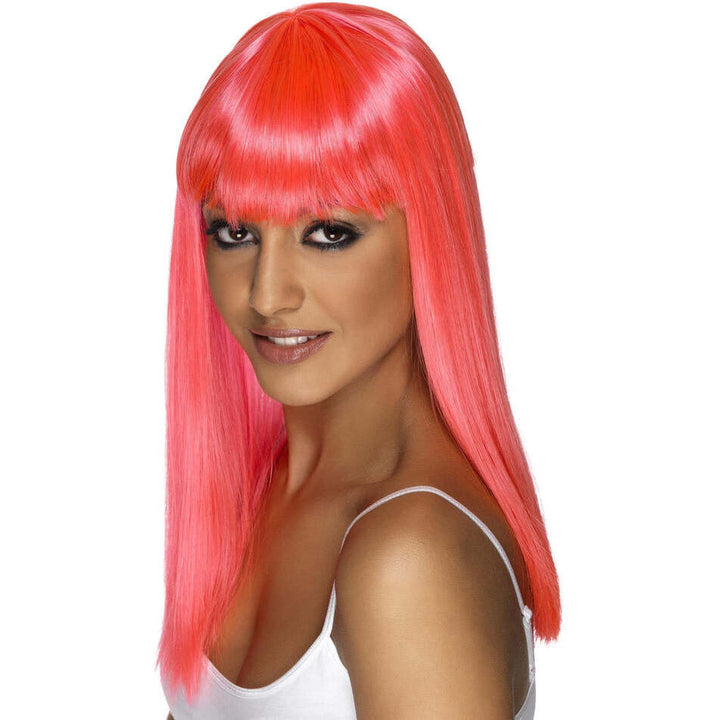 Glamourama Wig Adult Neon Pink Long Straight with Fringe Fantasy Costume Hair 1