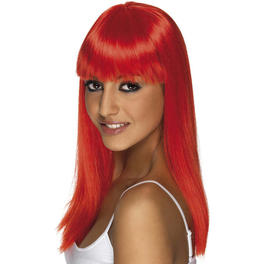 Neon Red Long Straight Wig with Fringe Glamourama Style 1