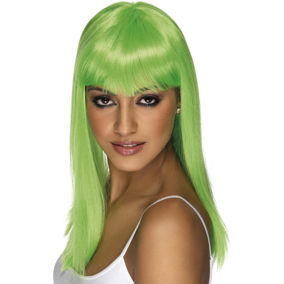Glamourama Wig Neon Green Long with Fringe Adult Costume Hair 1
