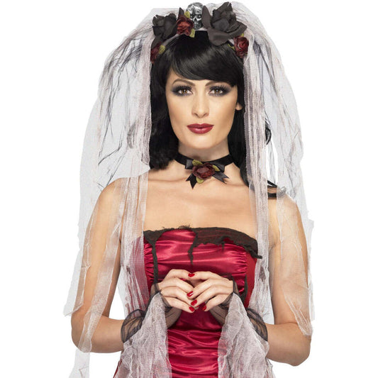 Gothic Bride Kit Adult Black and White with Rose and Skull Veil Choker and Gloves 1