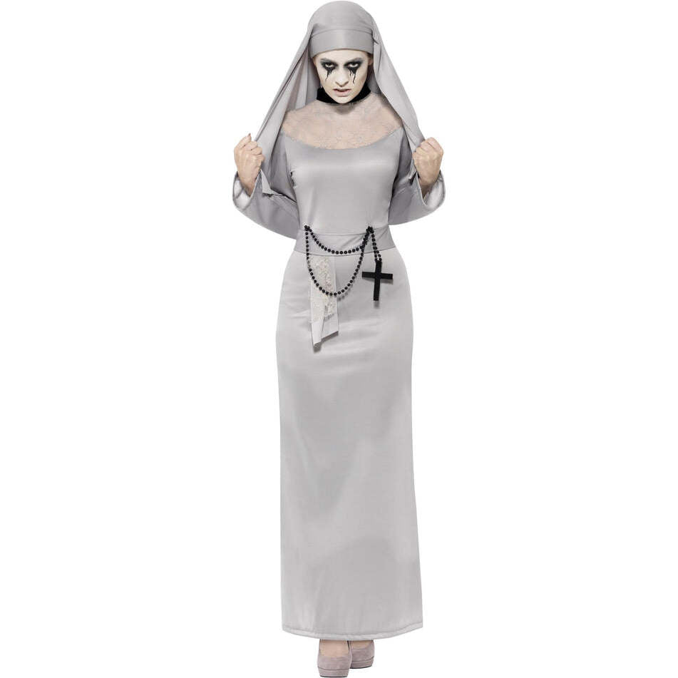Gothic Nun Costume Adult Grey Habit Dress with Lace Top and Headpiece 1