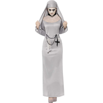 Gothic Nun Costume Adult Grey Habit Dress with Lace Top and Headpiece 1