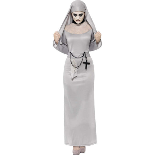 Gothic Nun Costume Adult Grey Habit Dress with Lace Top and Headpiece 1